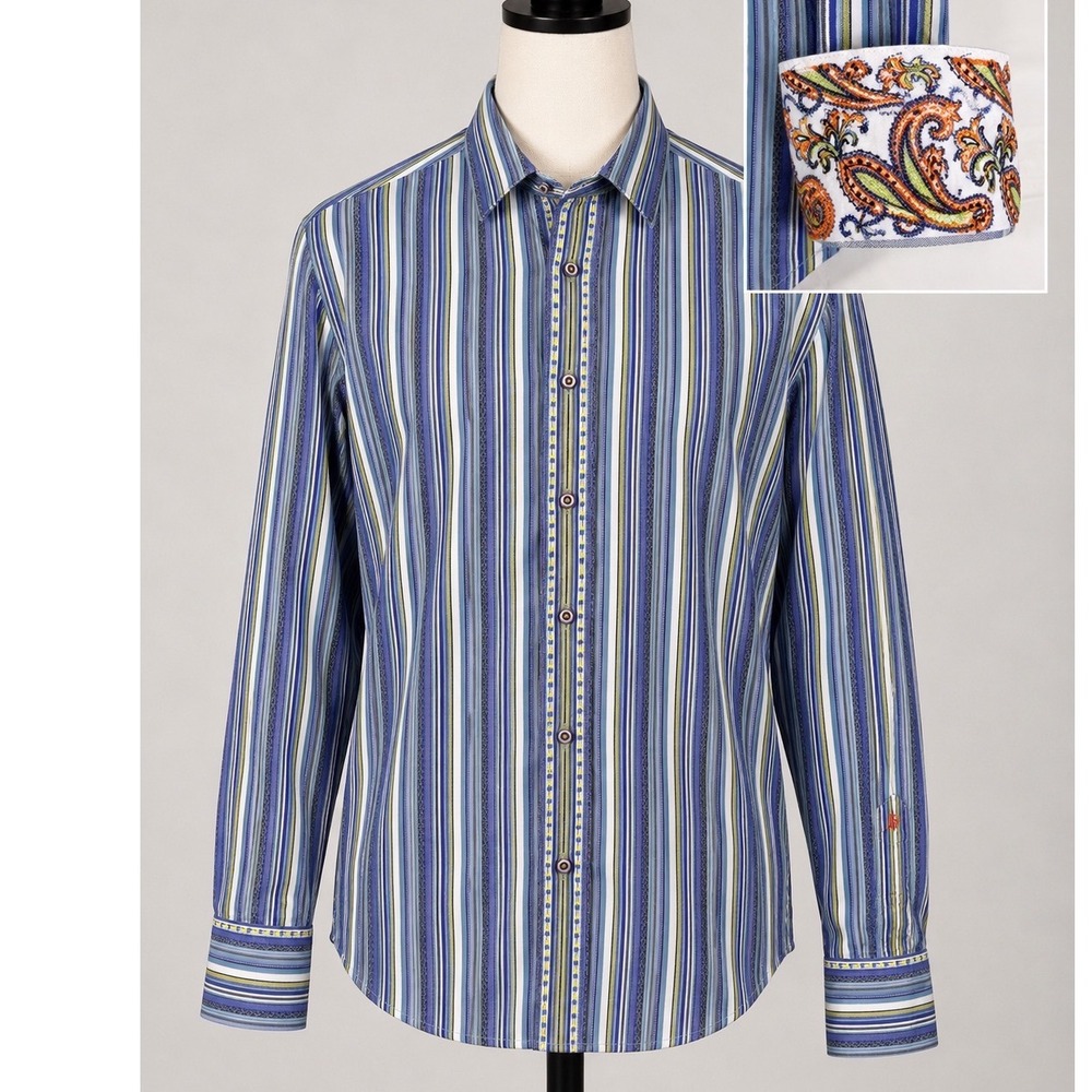 Robert Graham Mens Large Blue Striped Long Sleeve Button Down Paisley Cuff Shirt